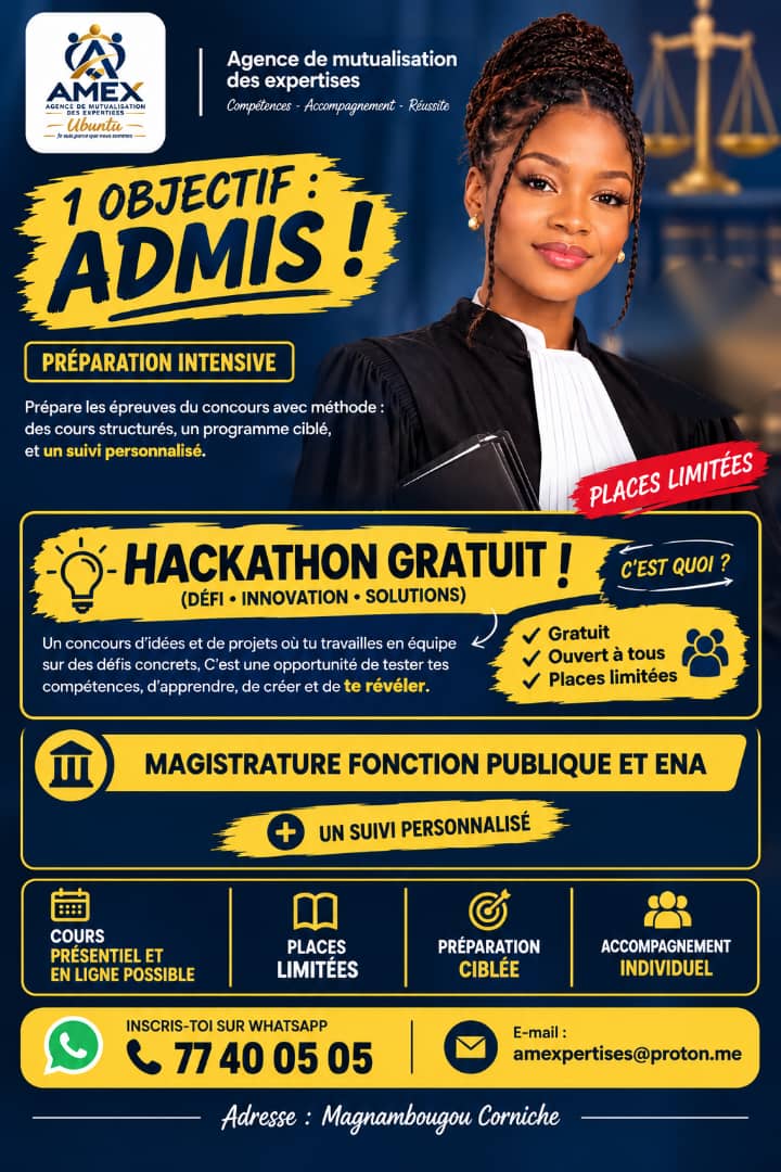 Affiche AMEX : préparation intensive gratuite aux concours Magistrature, Fonction publique et ENA, et Hackathon gratuit